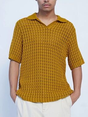 PacSun‎ Mustard Open Knit Cotton Polo Sweater Medium